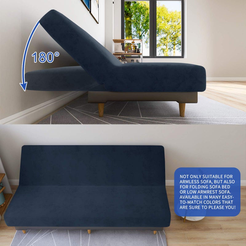 MAXIJIN Velvet Futon Cover Full Size Stretch Futon Mattress Cover Thick Soft Armless Sofa Bed Slipcover Plush Couch Furniture Protector with Elastic Bottom, Machine Washable (Navy Blue) - Image 4